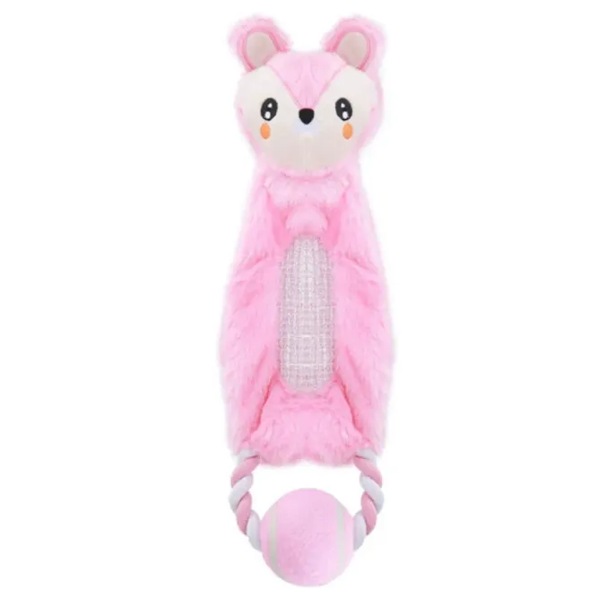 Fox Plush Rope Tennis Ball Dog Toy Pink fox plush dog toy with rope handle and built-in tennis ball
