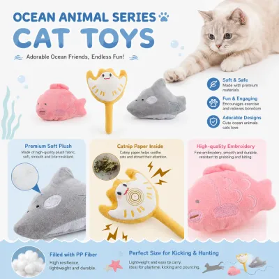 Ocean Animal Series Catnip Plush Cat Toys Interactive ocean animal plush cat toys with catnip paper and PP fiber filling for indoor cats