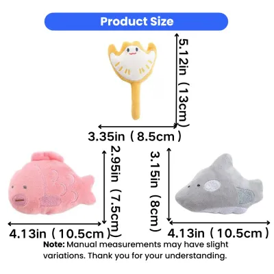 Ocean Animal Plush Cat Toys Size Chart Size chart of plush ocean animal cat toys with inch and cm measurements for cats