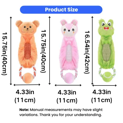 Animal Rope Dog Toy Size Chart for Pets Size dimensions of plush animal rope dog toys with tennis ball for dogs