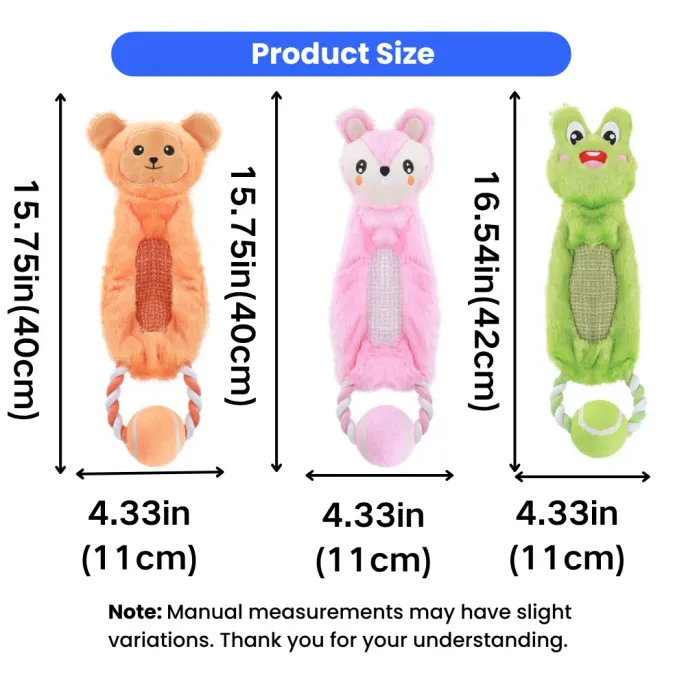 Animal Rope Dog Toy Size Chart for Pets Size dimensions of plush animal rope dog toys with tennis ball for dogs