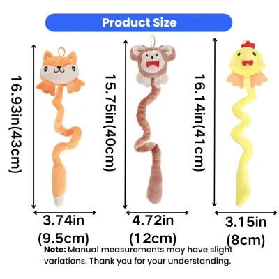 Catnip Plush Toy Size Chart for Spring Tail Cat Toys Size dimensions of fox monkey and chicken spring tail catnip plush toys for cats