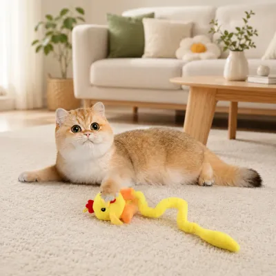 Indoor Cat Playing with Spring Tail Catnip Plush Toy Cute indoor cat playing with yellow chicken spring tail catnip plush toy in living room