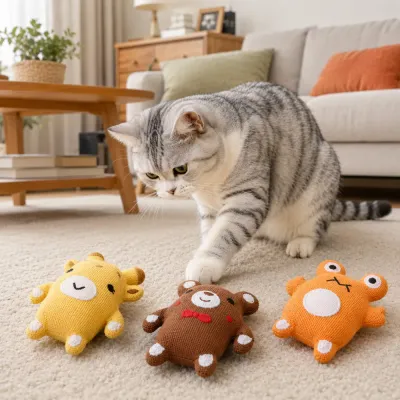 Animal-shaped catnip plush cat toys including frog, bear, and giraffe styles on white background