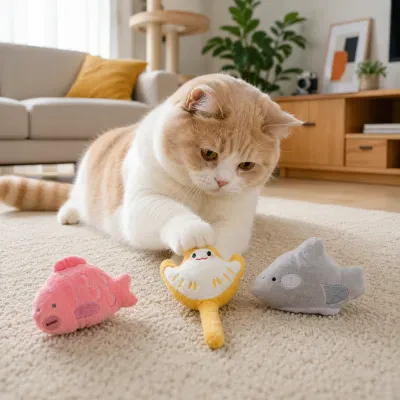 Cat Playing with Ocean Animal Plush Cat Toys Indoor cat playing with soft ocean animal plush cat toys on living room carpet