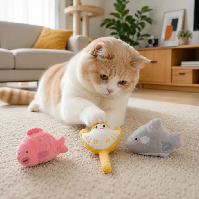 Indoor cat playing with soft ocean animal plush cat toys on living room carpet