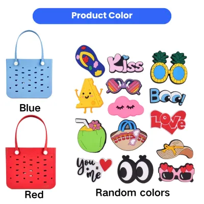 EVA DIY Pet Bag Color Options with Random Decorative Charms Blue and red EVA pet tote bags with assorted colorful DIY charms and accessories