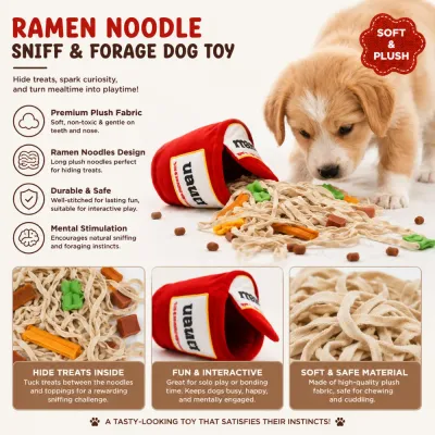 Interactive Ramen Noodle Sniff & Forage Plush Dog Toy Puppy playing with plush ramen noodle snuffle toy designed for treat hiding, mental stimulation, and enrichment