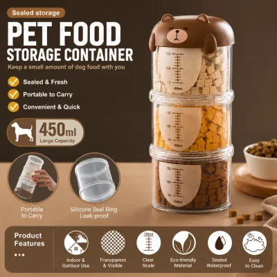 Sealed 450ML pet food storage container with leak-proof design and transparent compartments for portable dog food storage