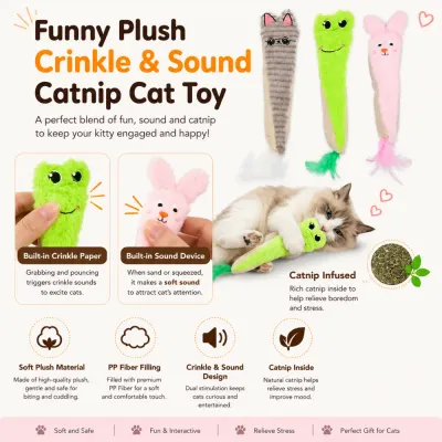 Interactive plush cat toy with catnip, crinkle paper and sound device for stress relief