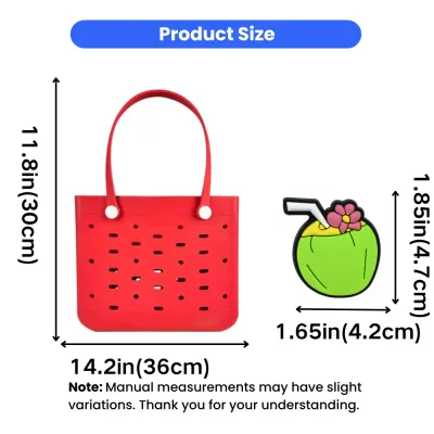 Large Capacity EVA Pet Tote Bag Size and Charm Dimensions EVA pet tote bag size chart showing large tote dimensions and decorative charm measurements