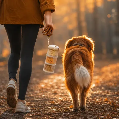 Dog owner carrying portable pet food storage container while walking outdoors with a large dog during autumn travel
