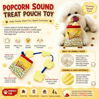 Interactive Popcorn Sound Treat Pouch Dog Toy for Dogs Interactive popcorn sound dog toy with treat hiding pouch, crinkle paper, and plush popcorn balls for enrichment play