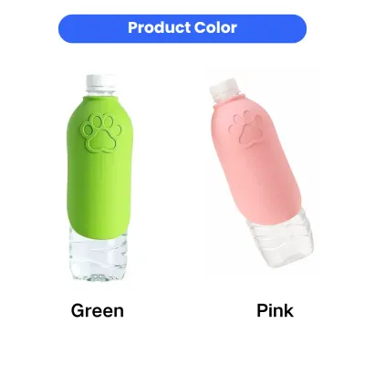 Green and pink portable dog water bottles with paw print design for pets