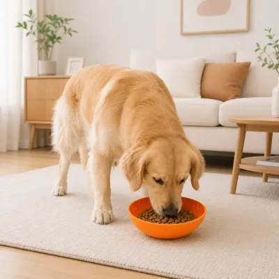 Golden Retriever eating from an orange slow feeder dog bowl in a modern living room setting