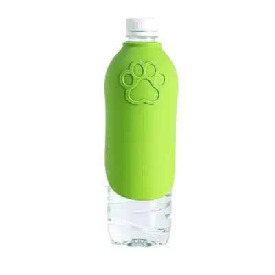 Green portable dog water bottle with paw print silicone cover isolated on white background