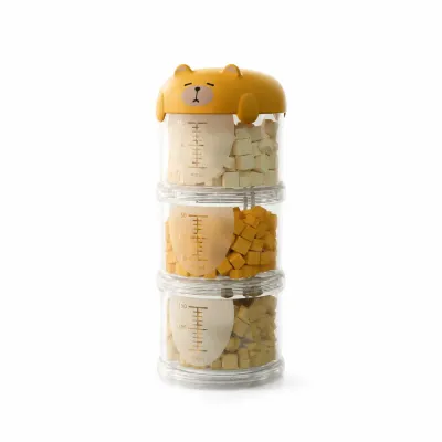Yellow bear-shaped portable pet food storage container with transparent sealed compartments for pet snacks and dog treats