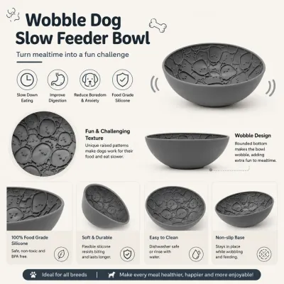 Silicone wobble slow feeder bowl with textured design for dogs
