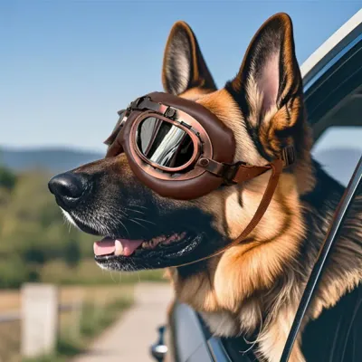German Shepherd Wearing UV Protection Dog Goggles in Car German Shepherd dog wearing vintage protective goggles while riding in a car