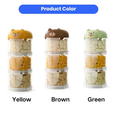 Three color options of portable pet food storage containers including yellow, brown, and green with stackable sealed compartments