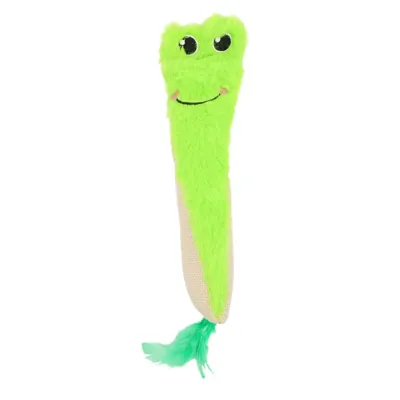 Green frog plush cat toy with catnip filling and feather tail for cats