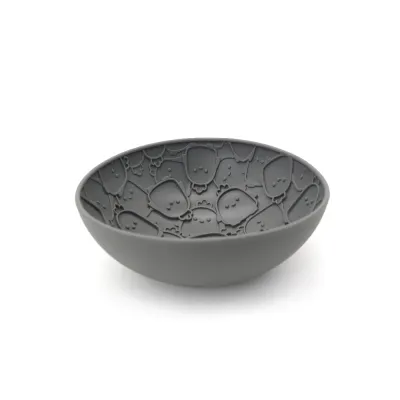 Grey silicone wobble slow feeder bowl with raised texture for dogs