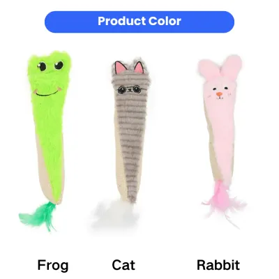 Frog, cat and rabbit plush cat toys with catnip and feather tails for interactive play