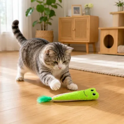 Indoor cat playing with green frog plush catnip toy on wooden floor at home