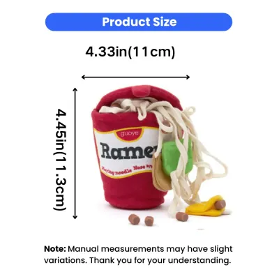 Ramen Noodle Snuffle Dog Toy Size Information Size chart of plush ramen noodle snuffle dog toy measuring 4.33in x 4.45in for dogs