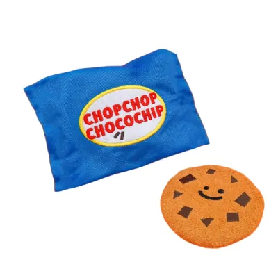 Plush Cookie Snuffle Dog Toy with Snack Bag Plush cookie snuffle dog toy with blue snack bag and squeaky cookie for interactive puppy play