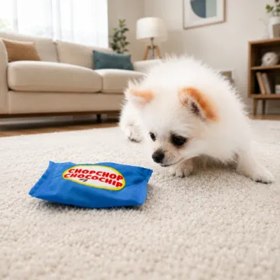 Puppy Playing with Plush Cookie Snuffle Toy Small fluffy puppy playing with plush cookie snuffle toy in living room