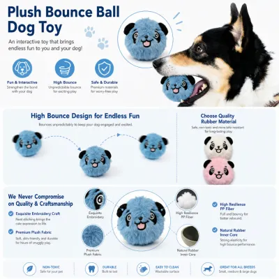 Plush Bounce Ball Dog Toy for Interactive Play Dog playing with plush panda bounce ball toy made with PP fiber and natural rubber core
