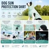 Dog wearing breathable UPF50+ cooling shirt with reflective strip and adjustable hood for outdoor activities