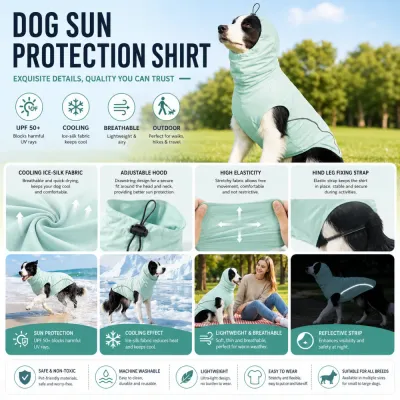 Breathable UPF50+ Dog Cooling Shirt with Reflective Design Dog wearing breathable UPF50+ cooling shirt with reflective strip and adjustable hood for outdoor activities