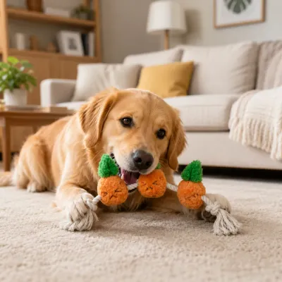 Golden Retriever Playing with Carrot Rope Dog Toy Golden retriever chewing carrot rope knot dog toy indoors in living room