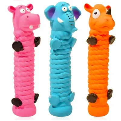 Colorful latex squeaky dog toys in elephant, rhino, and hippo animal designs for chewing and interactive play