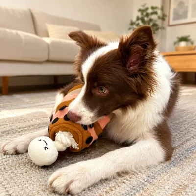 Border collie chewing plush cloud milk tea cup dog toy indoors