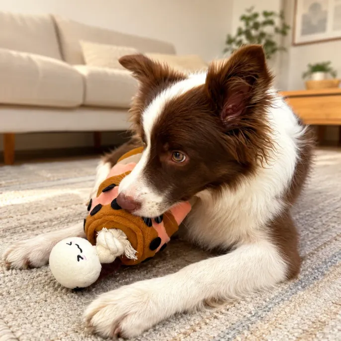Border collie chewing plush cloud milk tea cup dog toy indoors
