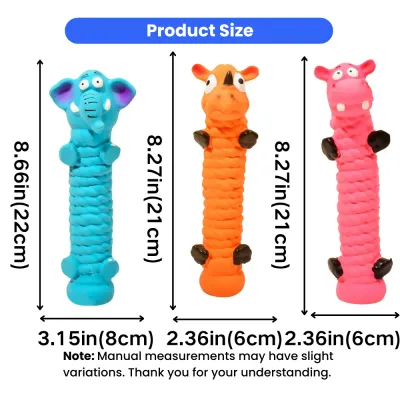 Size dimensions of latex long squeaky dog toys for dogs with detailed measurements in inches and centimeters