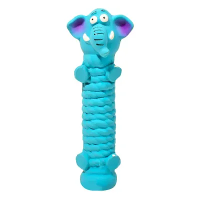Blue elephant shaped latex squeaky dog toy with textured chew surface