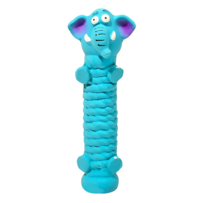 Blue elephant shaped latex squeaky dog toy with textured chew surface