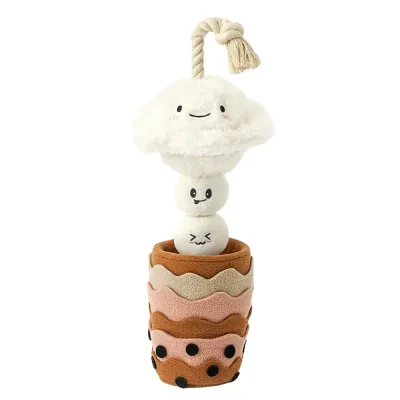 Plush cloud milk tea cup dog toy with squeaker and rope handle for dogs