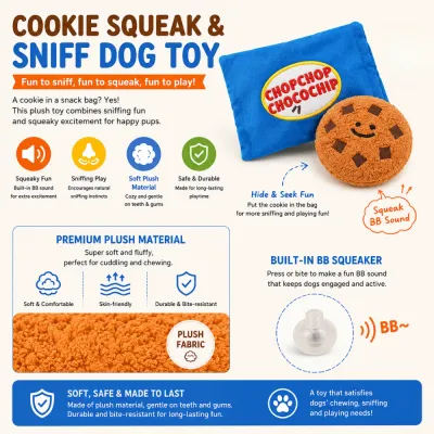 Interactive Cookie Snuffle & Squeaky Dog Toy Interactive plush cookie dog toy with squeaker and sniffing pocket for enrichment play