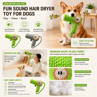 Fun Sound Hair Dryer Dog Toy Product Detail Image Product detail infographic for plush squeaky hair dryer dog toy with fabric and filling features