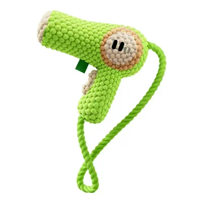 Green plush hair dryer dog toy with rope handle for chewing and interactive play
