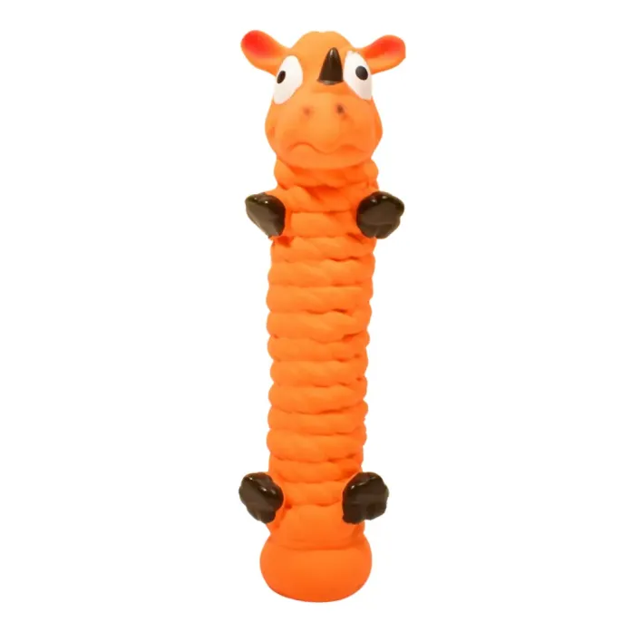 Orange rhino shaped latex squeaky dog toy for dogs with textured design