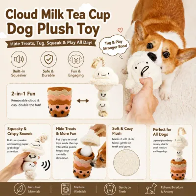 Dog playing with squeaky cloud milk tea cup plush toy with treat hiding design