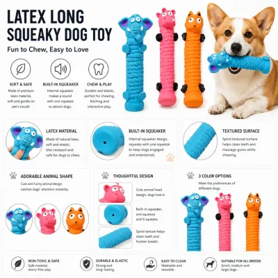 Dog chewing colorful latex squeaky dog toys with textured surface and built in squeaker