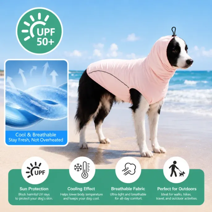 Border Collie wearing UPF50+ cooling dog sun protection shirt on the beach for UV protection and breathable summer comfort