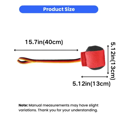 Dog Bite Tug Training Toy Size Details for Dogs Size dimensions of durable dog bite tug training toy with nylon handle and bite pad